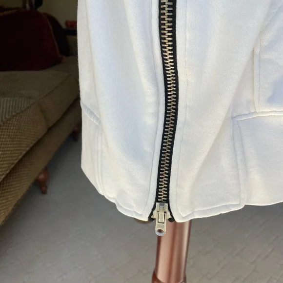 Fear of God FOG medium white short sleeve hoodie. Front pocket, side zippers.